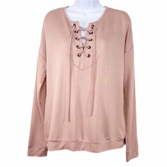 12 PM BY MON AMI lace up long sleeve top  L pink - Picture 1 of 9